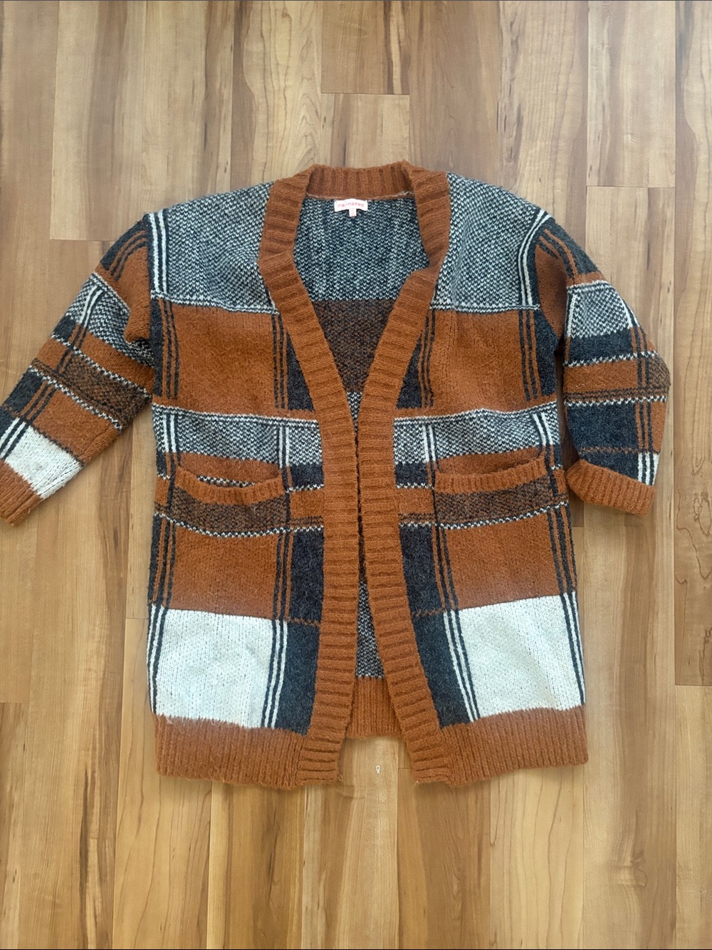 re:named Rust Plaid Open-Front Women's Cardigan
